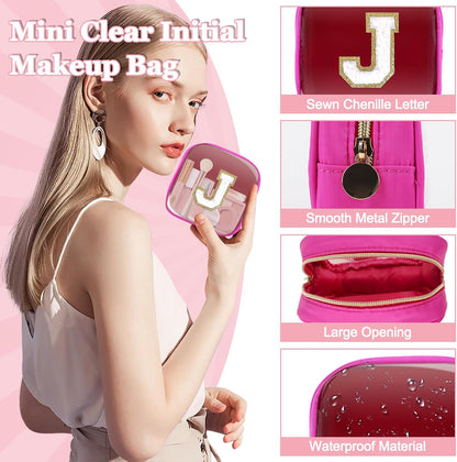 Small Clear Personalized Initial Makeup Bag,Preppy Nylon A-Z Chenille Letter Patch Makeup Organizer TSA Approved Travel Toiletry Bag,Waterproof Zip Beach Cosmetic Pouch Purse for Women(Purple-White V)