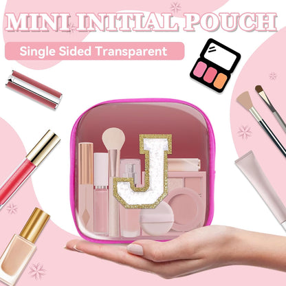 Small Clear Personalized Initial Makeup Bag,Preppy Nylon A-Z Chenille Letter Patch Makeup Organizer TSA Approved Travel Toiletry Bag,Waterproof Zip Beach Cosmetic Pouch Purse for Women(Purple-White V)