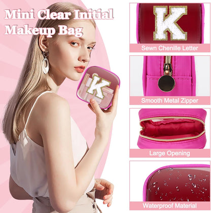 Small Clear Personalized Initial Makeup Bag,Preppy Nylon A-Z Chenille Letter Patch Makeup Organizer TSA Approved Travel Toiletry Bag,Waterproof Zip Beach Cosmetic Pouch Purse for Women(Purple-White V)