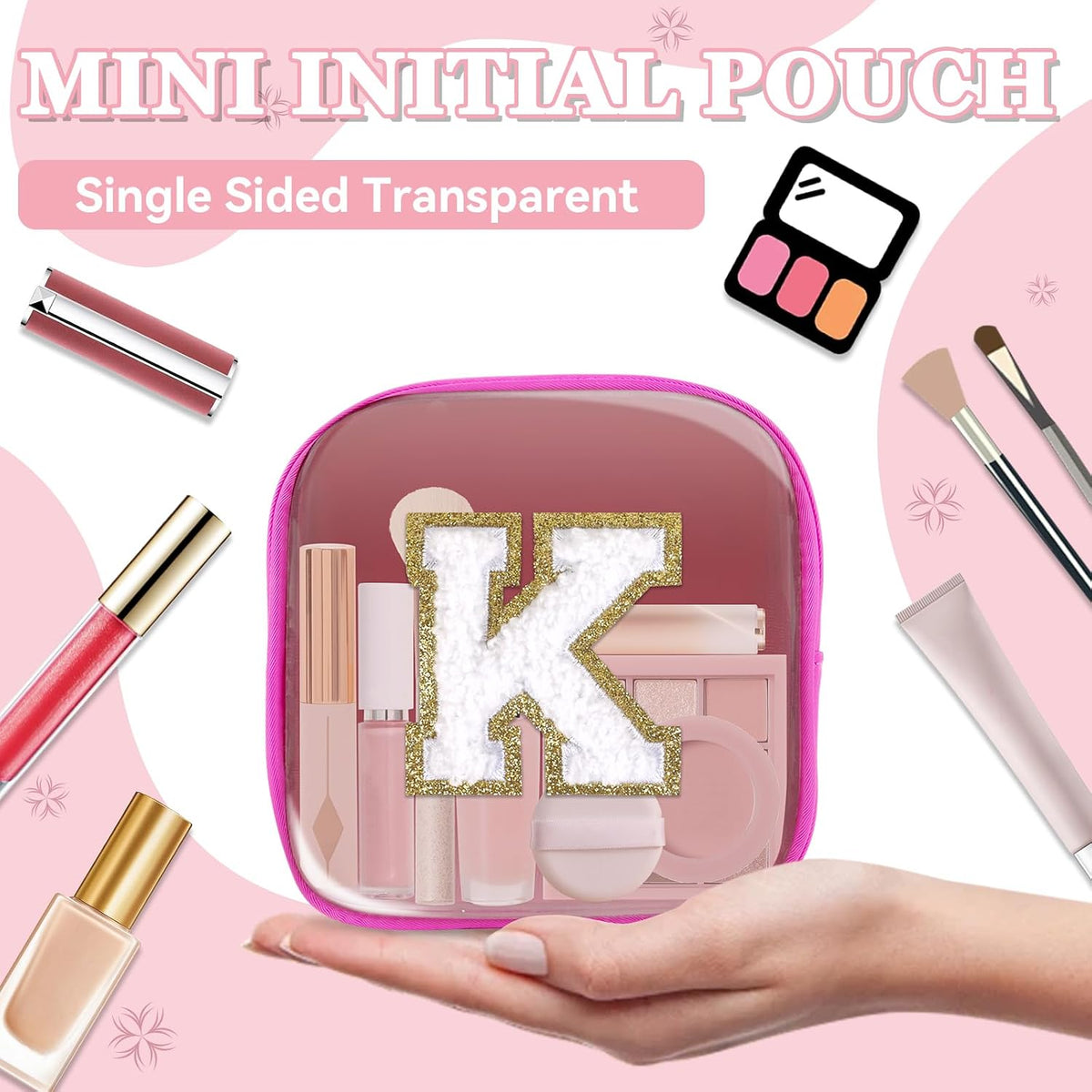 Small Clear Personalized Initial Makeup Bag,Preppy Nylon A-Z Chenille Letter Patch Makeup Organizer TSA Approved Travel Toiletry Bag,Waterproof Zip Beach Cosmetic Pouch Purse for Women(Purple-White V)