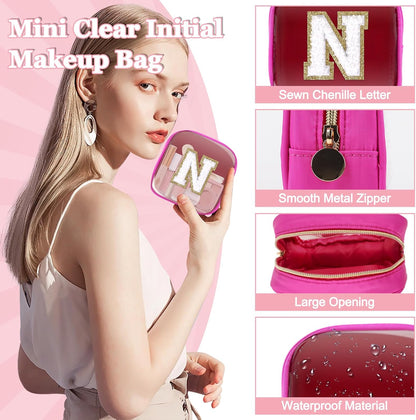Small Clear Personalized Initial Makeup Bag,Preppy Nylon A-Z Chenille Letter Patch Makeup Organizer TSA Approved Travel Toiletry Bag,Waterproof Zip Beach Cosmetic Pouch Purse for Women(Purple-White V)