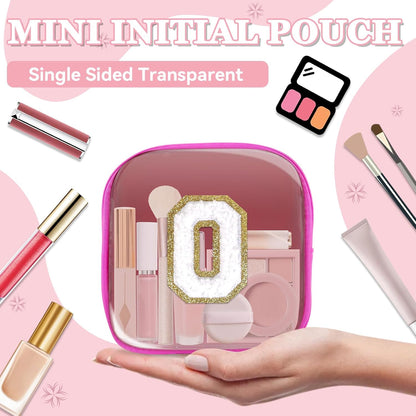 Small Clear Personalized Initial Makeup Bag,Preppy Nylon A-Z Chenille Letter Patch Makeup Organizer TSA Approved Travel Toiletry Bag,Waterproof Zip Beach Cosmetic Pouch Purse for Women(Purple-White V)