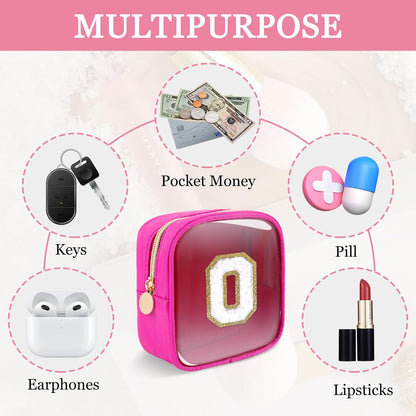 Small Clear Personalized Initial Makeup Bag,Preppy Nylon A-Z Chenille Letter Patch Makeup Organizer TSA Approved Travel Toiletry Bag,Waterproof Zip Beach Cosmetic Pouch Purse for Women(Purple-White V)