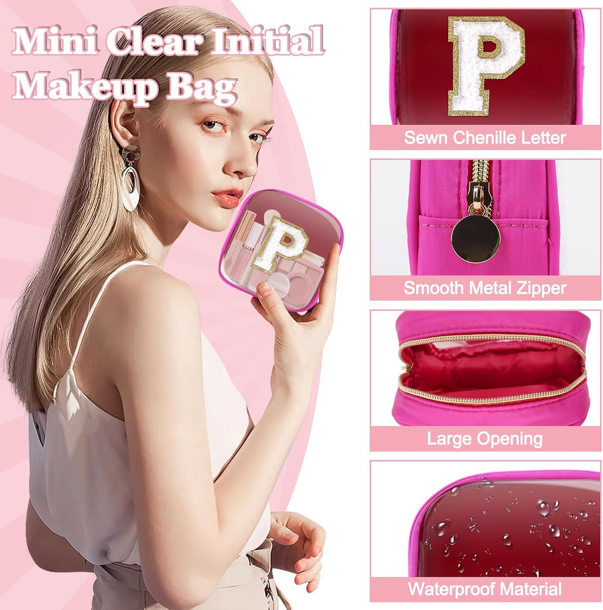 Small Clear Personalized Initial Makeup Bag,Preppy Nylon A-Z Chenille Letter Patch Makeup Organizer TSA Approved Travel Toiletry Bag,Waterproof Zip Beach Cosmetic Pouch Purse for Women(Purple-White V)