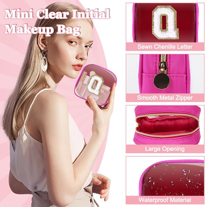 Small Clear Personalized Initial Makeup Bag,Preppy Nylon A-Z Chenille Letter Patch Makeup Organizer TSA Approved Travel Toiletry Bag,Waterproof Zip Beach Cosmetic Pouch Purse for Women(Purple-White V)
