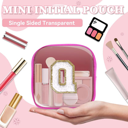 Small Clear Personalized Initial Makeup Bag,Preppy Nylon A-Z Chenille Letter Patch Makeup Organizer TSA Approved Travel Toiletry Bag,Waterproof Zip Beach Cosmetic Pouch Purse for Women(Purple-White V)