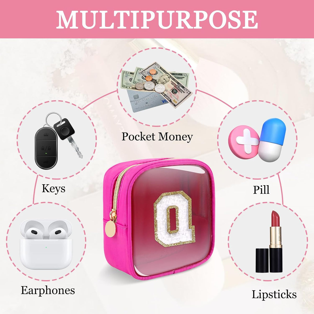 Small Clear Personalized Initial Makeup Bag,Preppy Nylon A-Z Chenille Letter Patch Makeup Organizer TSA Approved Travel Toiletry Bag,Waterproof Zip Beach Cosmetic Pouch Purse for Women(Purple-White V)