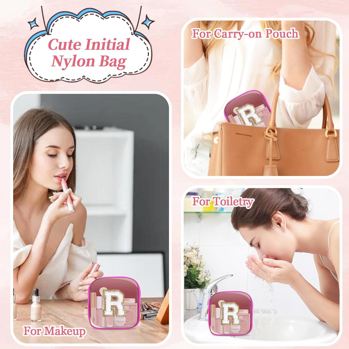 Small Clear Personalized Initial Makeup Bag,Preppy Nylon A-Z Chenille Letter Patch Makeup Organizer TSA Approved Travel Toiletry Bag,Waterproof Zip Beach Cosmetic Pouch Purse for Women(Purple-White V)