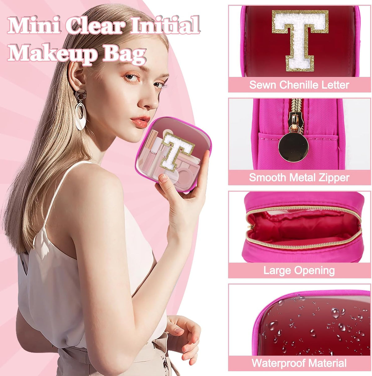 Small Clear Personalized Initial Makeup Bag,Preppy Nylon A-Z Chenille Letter Patch Makeup Organizer TSA Approved Travel Toiletry Bag,Waterproof Zip Beach Cosmetic Pouch Purse for Women(Purple-White V)