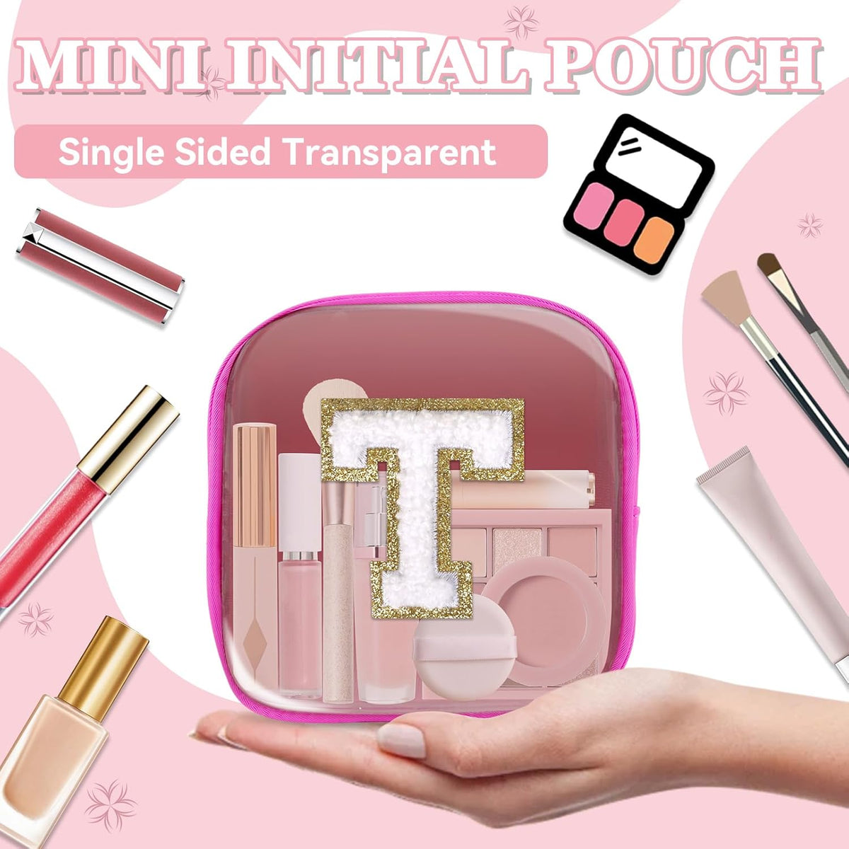 Small Clear Personalized Initial Makeup Bag,Preppy Nylon A-Z Chenille Letter Patch Makeup Organizer TSA Approved Travel Toiletry Bag,Waterproof Zip Beach Cosmetic Pouch Purse for Women(Purple-White V)