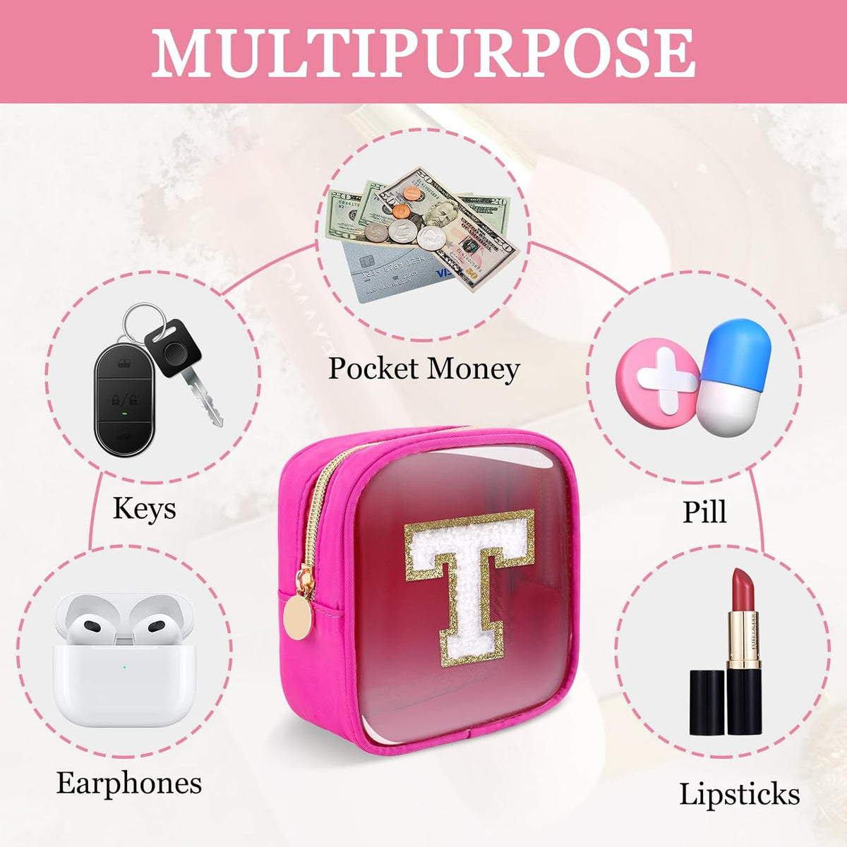 Small Clear Personalized Initial Makeup Bag,Preppy Nylon A-Z Chenille Letter Patch Makeup Organizer TSA Approved Travel Toiletry Bag,Waterproof Zip Beach Cosmetic Pouch Purse for Women(Purple-White V)
