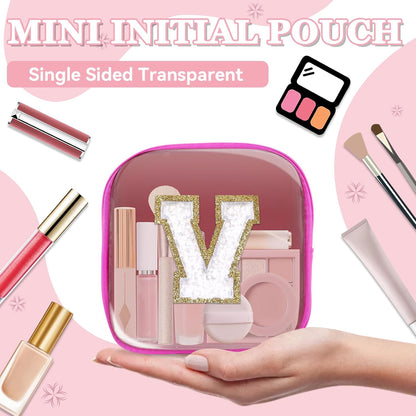 Small Clear Personalized Initial Makeup Bag,Preppy Nylon A-Z Chenille Letter Patch Makeup Organizer TSA Approved Travel Toiletry Bag,Waterproof Zip Beach Cosmetic Pouch Purse for Women(Purple-White V)