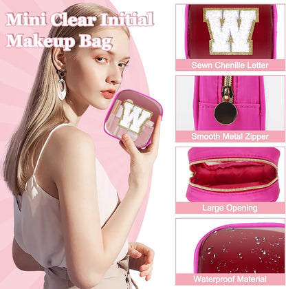 Small Clear Personalized Initial Makeup Bag,Preppy Nylon A-Z Chenille Letter Patch Makeup Organizer TSA Approved Travel Toiletry Bag,Waterproof Zip Beach Cosmetic Pouch Purse for Women(Purple-White V)