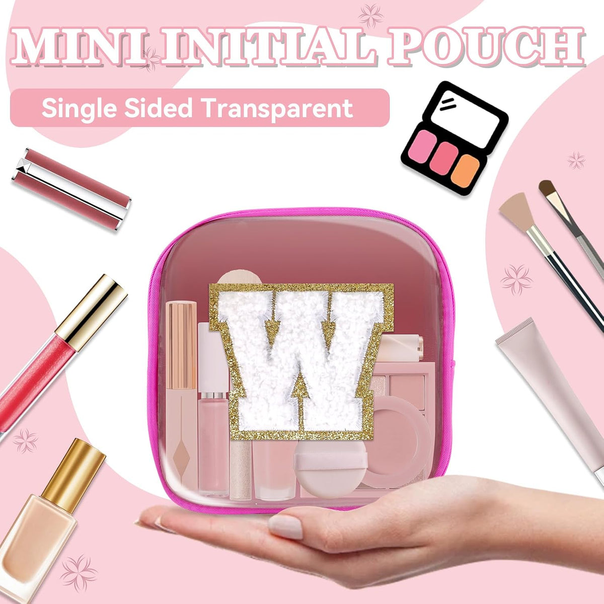 Small Clear Personalized Initial Makeup Bag,Preppy Nylon A-Z Chenille Letter Patch Makeup Organizer TSA Approved Travel Toiletry Bag,Waterproof Zip Beach Cosmetic Pouch Purse for Women(Purple-White V)