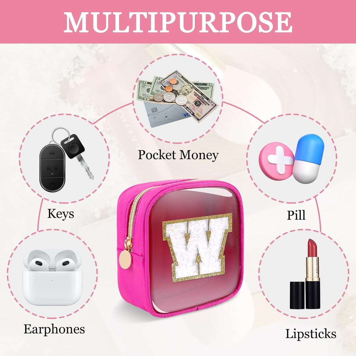Small Clear Personalized Initial Makeup Bag,Preppy Nylon A-Z Chenille Letter Patch Makeup Organizer TSA Approved Travel Toiletry Bag,Waterproof Zip Beach Cosmetic Pouch Purse for Women(Purple-White V)
