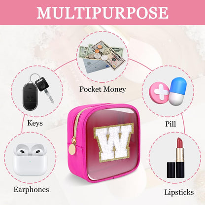 Small Clear Personalized Initial Makeup Bag,Preppy Nylon A-Z Chenille Letter Patch Makeup Organizer TSA Approved Travel Toiletry Bag,Waterproof Zip Beach Cosmetic Pouch Purse for Women(Purple-White V)
