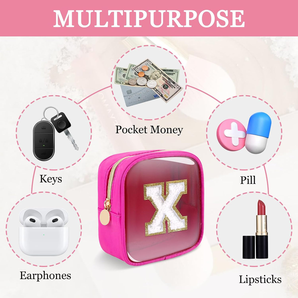 Small Clear Personalized Initial Makeup Bag,Preppy Nylon A-Z Chenille Letter Patch Makeup Organizer TSA Approved Travel Toiletry Bag,Waterproof Zip Beach Cosmetic Pouch Purse for Women(Purple-White V)