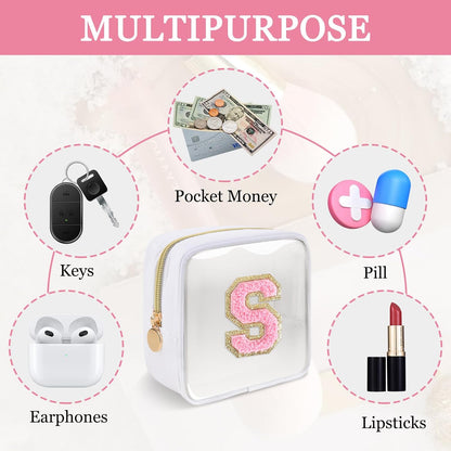 Small Clear Personalized Initial Makeup Bag,Preppy Nylon A-Z Chenille Letter Patch Makeup Organizer TSA Approved Travel Toiletry Bag,Waterproof Zip Beach Cosmetic Pouch Purse for Women(Purple-White V)