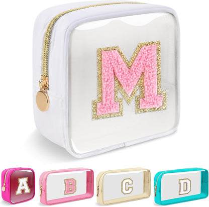 Small Clear Personalized Initial Makeup Bag,Preppy Nylon A-Z Chenille Letter Patch Makeup Organizer TSA Approved Travel Toiletry Bag,Waterproof Zip Beach Cosmetic Pouch Purse for Women(Purple-White V)