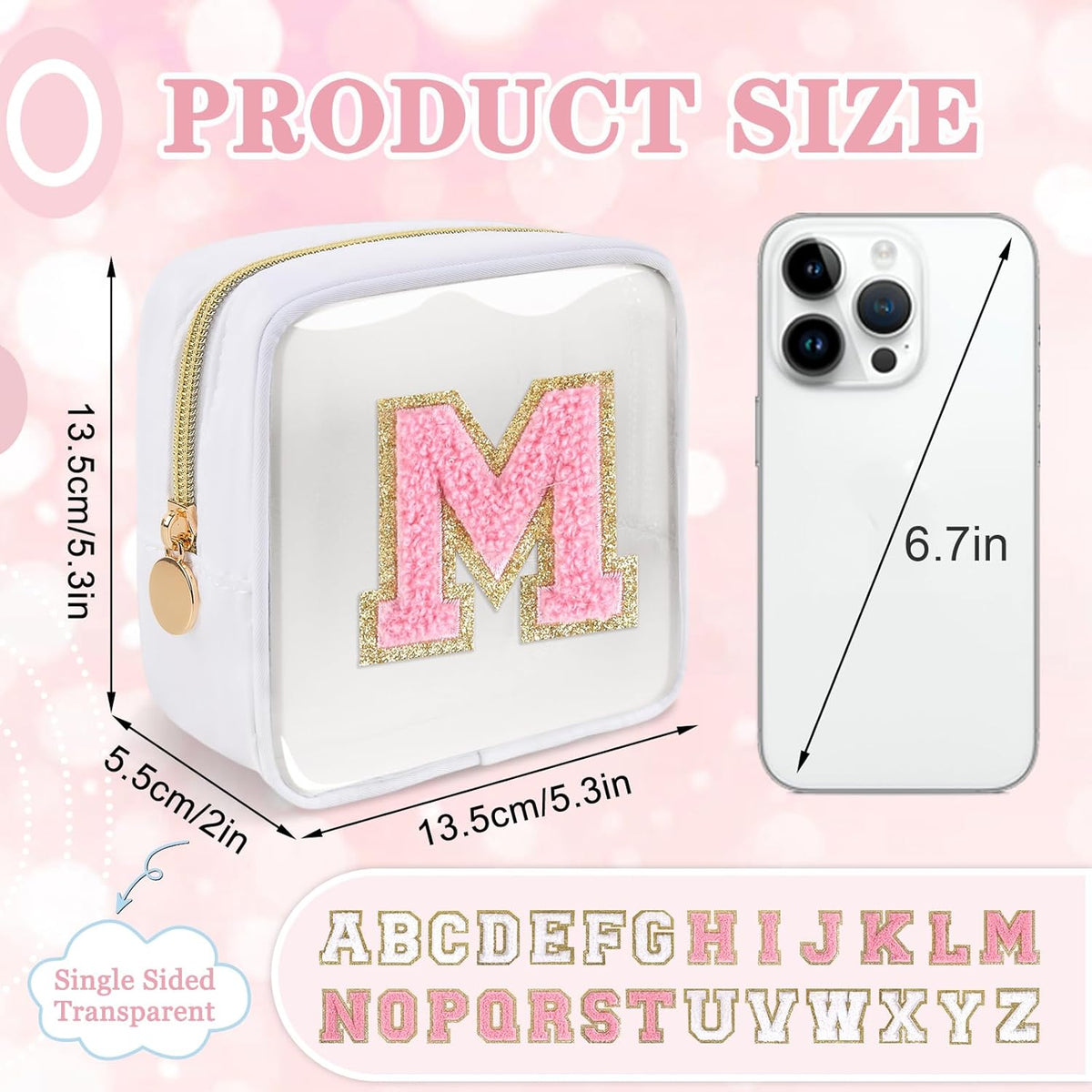 Small Clear Personalized Initial Makeup Bag,Preppy Nylon A-Z Chenille Letter Patch Makeup Organizer TSA Approved Travel Toiletry Bag,Waterproof Zip Beach Cosmetic Pouch Purse for Women(Purple-White V)