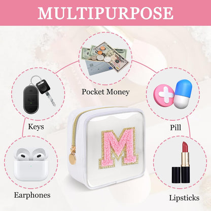 Small Clear Personalized Initial Makeup Bag,Preppy Nylon A-Z Chenille Letter Patch Makeup Organizer TSA Approved Travel Toiletry Bag,Waterproof Zip Beach Cosmetic Pouch Purse for Women(Purple-White V)