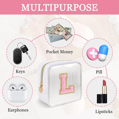 Small Clear Personalized Initial Makeup Bag,Preppy Nylon A-Z Chenille Letter Patch Makeup Organizer TSA Approved Travel Toiletry Bag,Waterproof Zip Beach Cosmetic Pouch Purse for Women(Purple-White V)