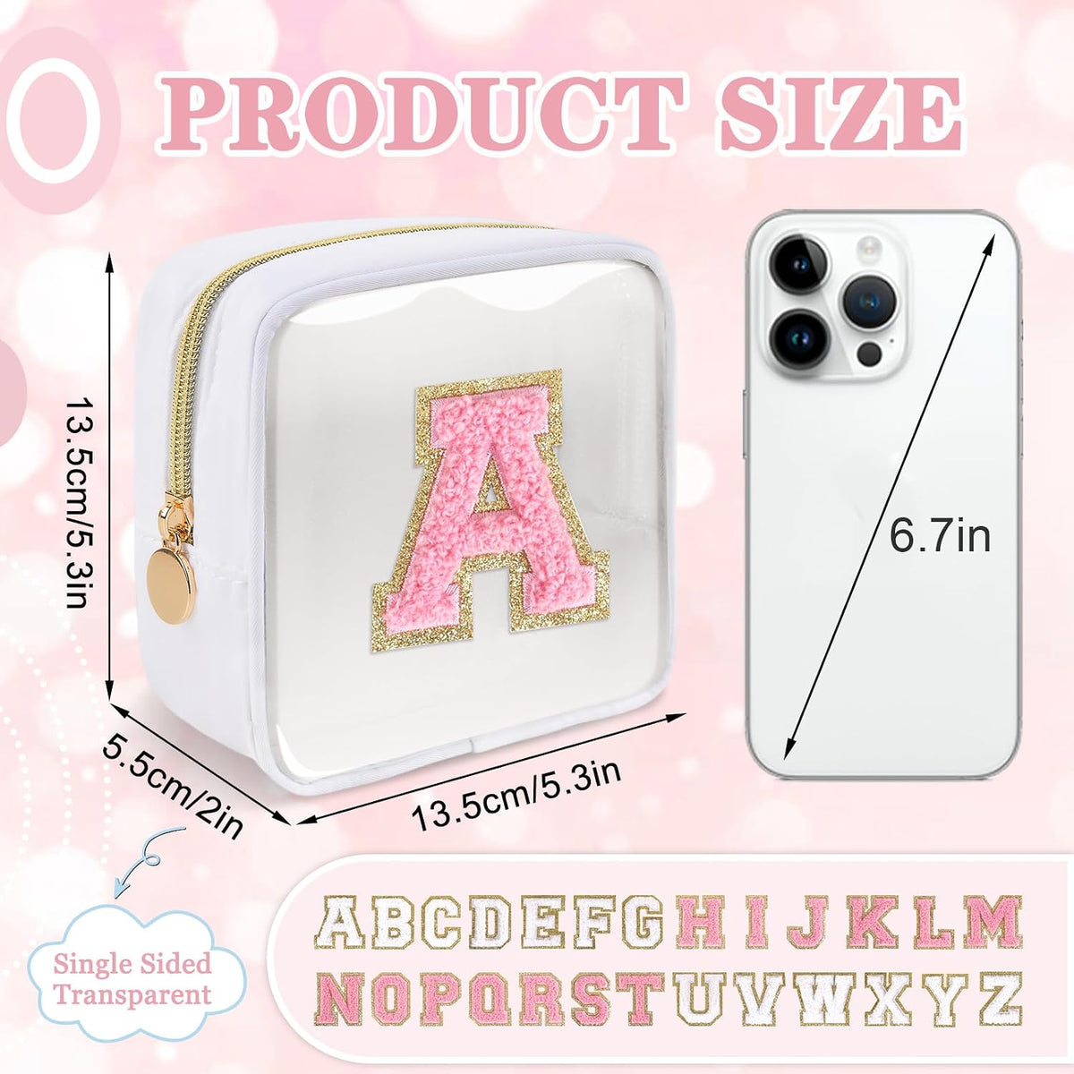 Small Clear Personalized Initial Makeup Bag,Preppy Nylon A-Z Chenille Letter Patch Makeup Organizer TSA Approved Travel Toiletry Bag,Waterproof Zip Beach Cosmetic Pouch Purse for Women(Purple-White V)