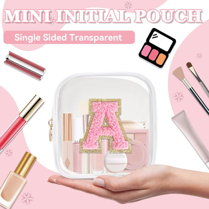 Small Clear Personalized Initial Makeup Bag,Preppy Nylon A-Z Chenille Letter Patch Makeup Organizer TSA Approved Travel Toiletry Bag,Waterproof Zip Beach Cosmetic Pouch Purse for Women(Purple-White V)