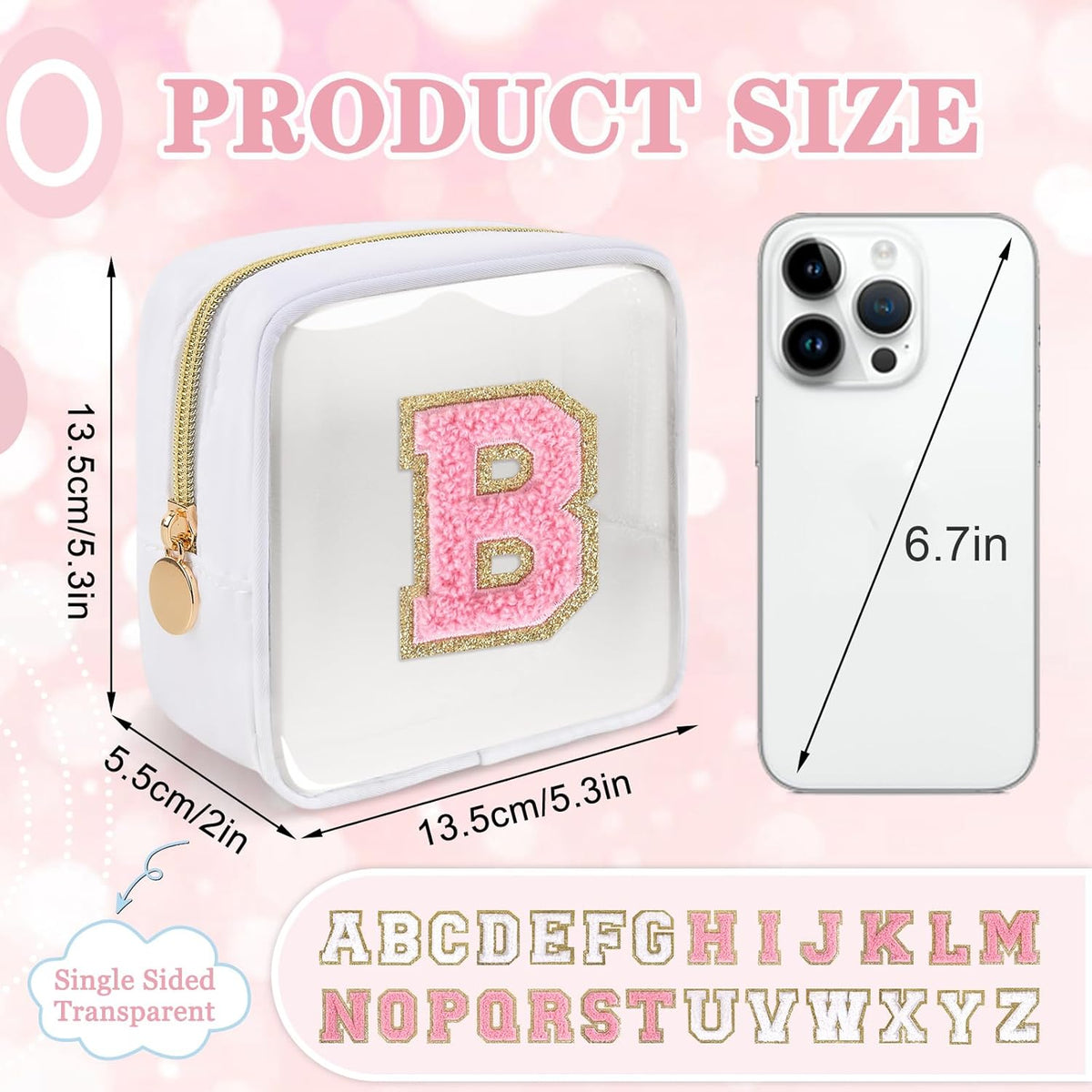 Small Clear Personalized Initial Makeup Bag,Preppy Nylon A-Z Chenille Letter Patch Makeup Organizer TSA Approved Travel Toiletry Bag,Waterproof Zip Beach Cosmetic Pouch Purse for Women(Purple-White V)