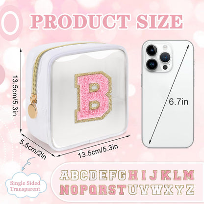 Small Clear Personalized Initial Makeup Bag,Preppy Nylon A-Z Chenille Letter Patch Makeup Organizer TSA Approved Travel Toiletry Bag,Waterproof Zip Beach Cosmetic Pouch Purse for Women(Purple-White V)