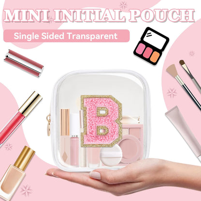 Small Clear Personalized Initial Makeup Bag,Preppy Nylon A-Z Chenille Letter Patch Makeup Organizer TSA Approved Travel Toiletry Bag,Waterproof Zip Beach Cosmetic Pouch Purse for Women(Purple-White V)