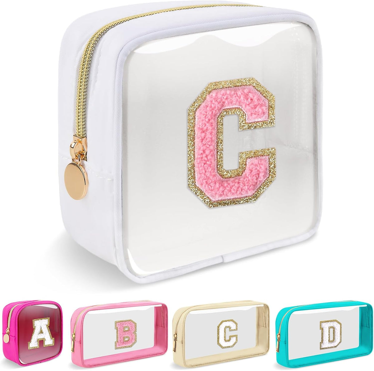 Small Clear Personalized Initial Makeup Bag,Preppy Nylon A-Z Chenille Letter Patch Makeup Organizer TSA Approved Travel Toiletry Bag,Waterproof Zip Beach Cosmetic Pouch Purse for Women(Purple-White V)