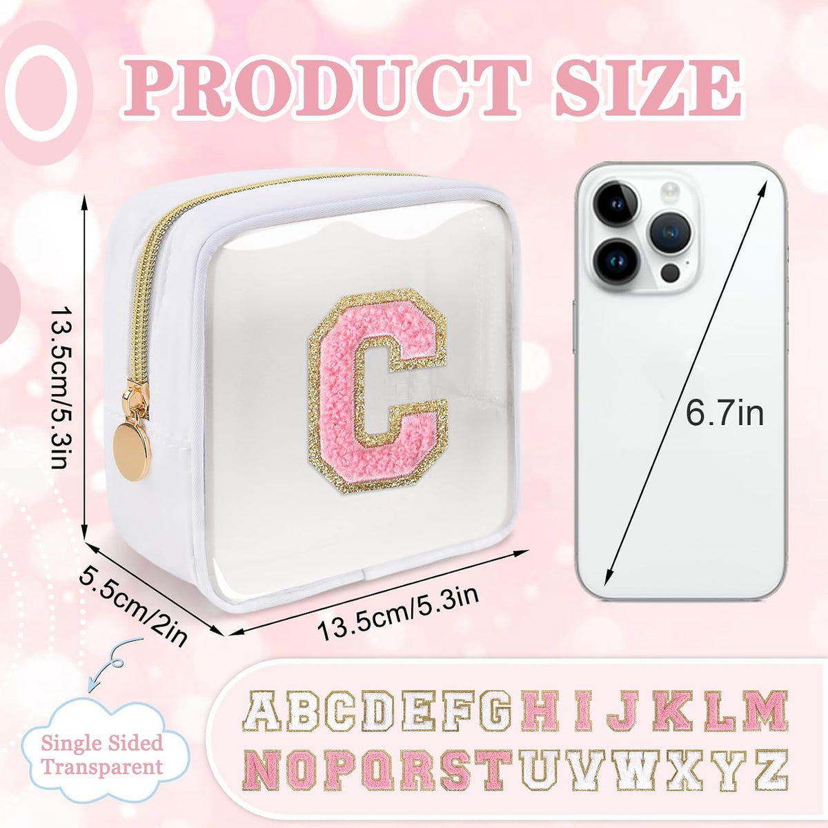 Small Clear Personalized Initial Makeup Bag,Preppy Nylon A-Z Chenille Letter Patch Makeup Organizer TSA Approved Travel Toiletry Bag,Waterproof Zip Beach Cosmetic Pouch Purse for Women(Purple-White V)