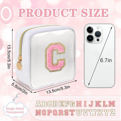 Small Clear Personalized Initial Makeup Bag,Preppy Nylon A-Z Chenille Letter Patch Makeup Organizer TSA Approved Travel Toiletry Bag,Waterproof Zip Beach Cosmetic Pouch Purse for Women(Purple-White V)
