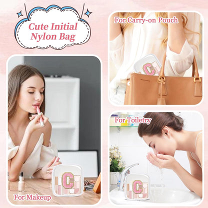 Small Clear Personalized Initial Makeup Bag,Preppy Nylon A-Z Chenille Letter Patch Makeup Organizer TSA Approved Travel Toiletry Bag,Waterproof Zip Beach Cosmetic Pouch Purse for Women(Purple-White V)