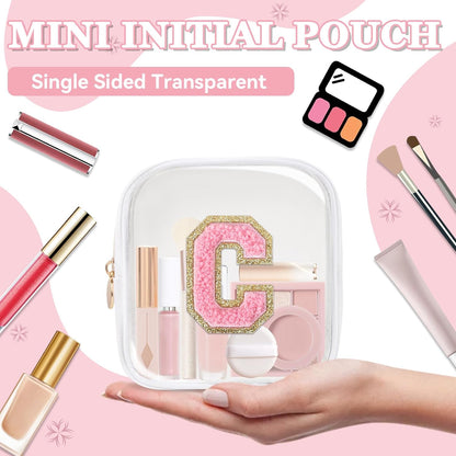 Small Clear Personalized Initial Makeup Bag,Preppy Nylon A-Z Chenille Letter Patch Makeup Organizer TSA Approved Travel Toiletry Bag,Waterproof Zip Beach Cosmetic Pouch Purse for Women(Purple-White V)