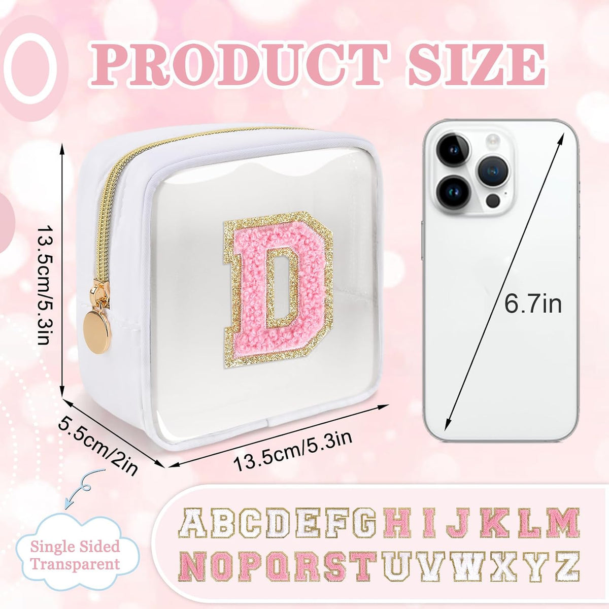 Small Clear Personalized Initial Makeup Bag,Preppy Nylon A-Z Chenille Letter Patch Makeup Organizer TSA Approved Travel Toiletry Bag,Waterproof Zip Beach Cosmetic Pouch Purse for Women(Purple-White V)