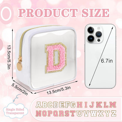 Small Clear Personalized Initial Makeup Bag,Preppy Nylon A-Z Chenille Letter Patch Makeup Organizer TSA Approved Travel Toiletry Bag,Waterproof Zip Beach Cosmetic Pouch Purse for Women(Purple-White V)