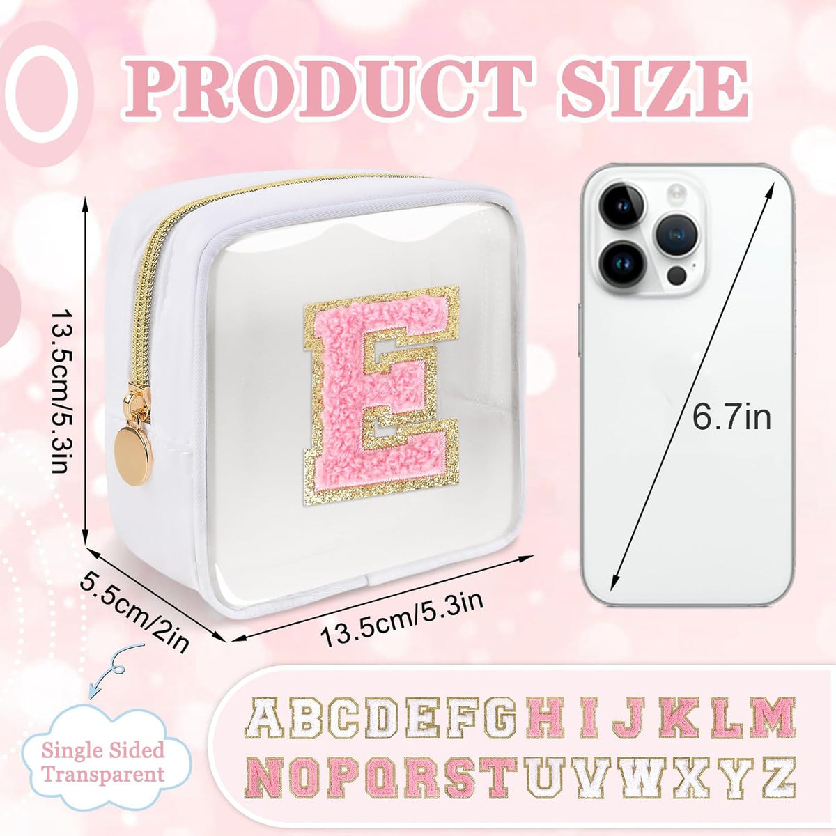 Small Clear Personalized Initial Makeup Bag,Preppy Nylon A-Z Chenille Letter Patch Makeup Organizer TSA Approved Travel Toiletry Bag,Waterproof Zip Beach Cosmetic Pouch Purse for Women(Purple-White V)