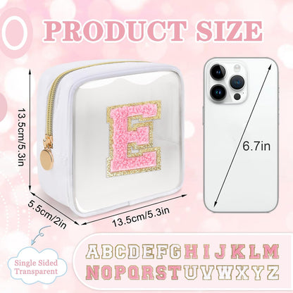 Small Clear Personalized Initial Makeup Bag,Preppy Nylon A-Z Chenille Letter Patch Makeup Organizer TSA Approved Travel Toiletry Bag,Waterproof Zip Beach Cosmetic Pouch Purse for Women(Purple-White V)