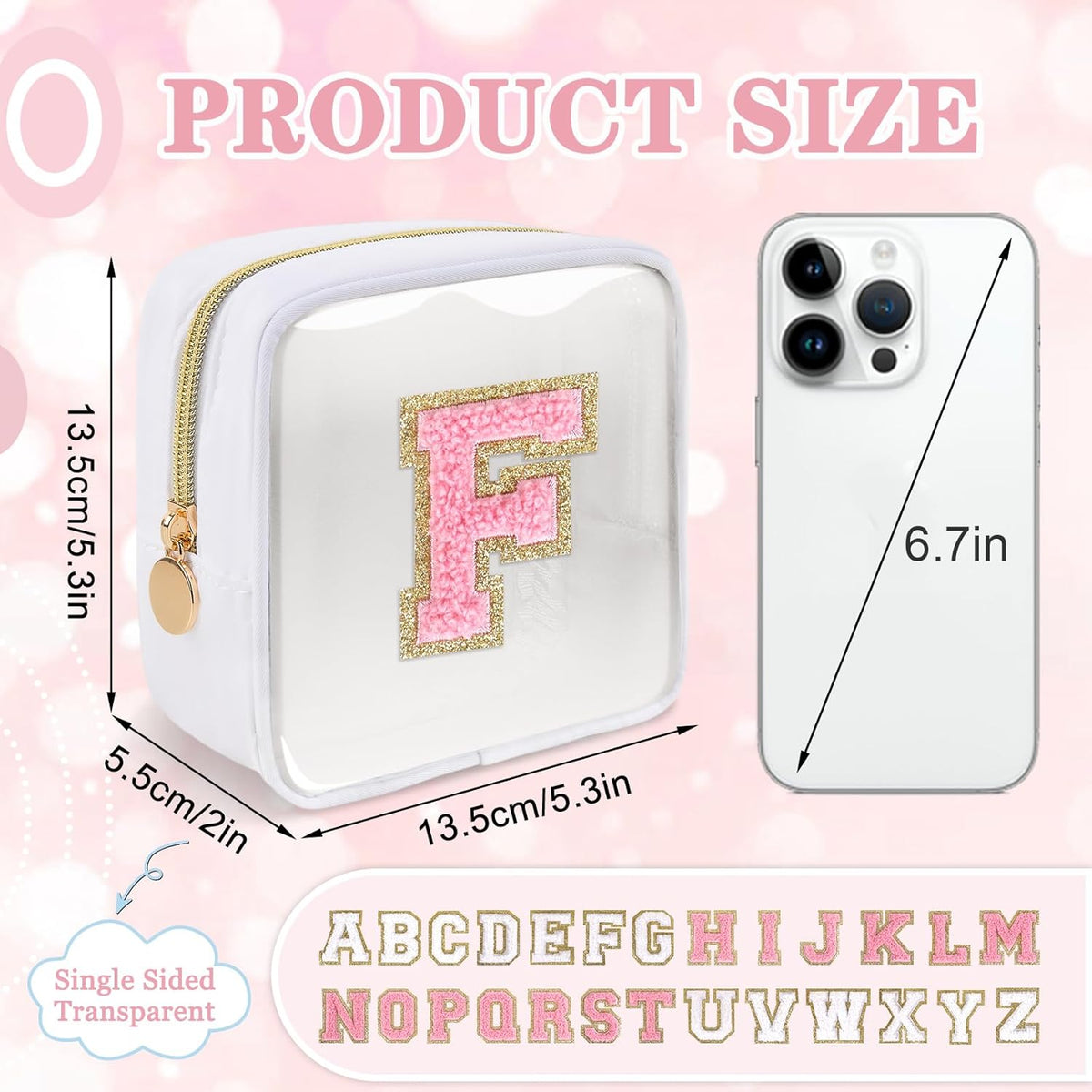 Small Clear Personalized Initial Makeup Bag,Preppy Nylon A-Z Chenille Letter Patch Makeup Organizer TSA Approved Travel Toiletry Bag,Waterproof Zip Beach Cosmetic Pouch Purse for Women(Purple-White V)