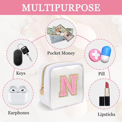 Small Clear Personalized Initial Makeup Bag,Preppy Nylon A-Z Chenille Letter Patch Makeup Organizer TSA Approved Travel Toiletry Bag,Waterproof Zip Beach Cosmetic Pouch Purse for Women(Purple-White V)