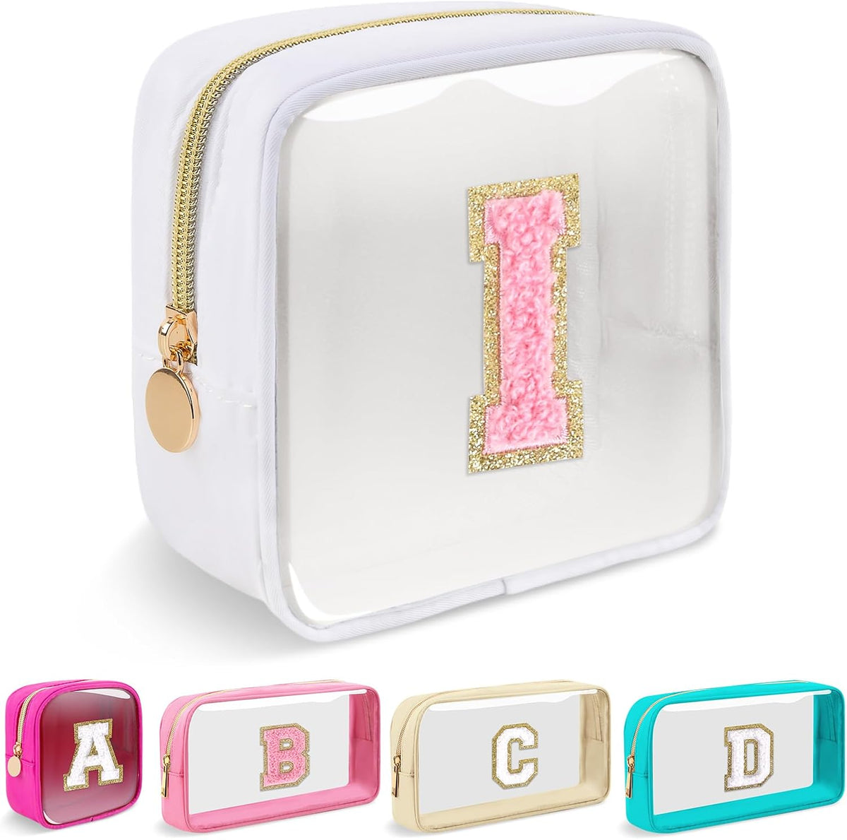 Small Clear Personalized Initial Makeup Bag,Preppy Nylon A-Z Chenille Letter Patch Makeup Organizer TSA Approved Travel Toiletry Bag,Waterproof Zip Beach Cosmetic Pouch Purse for Women(Purple-White V)
