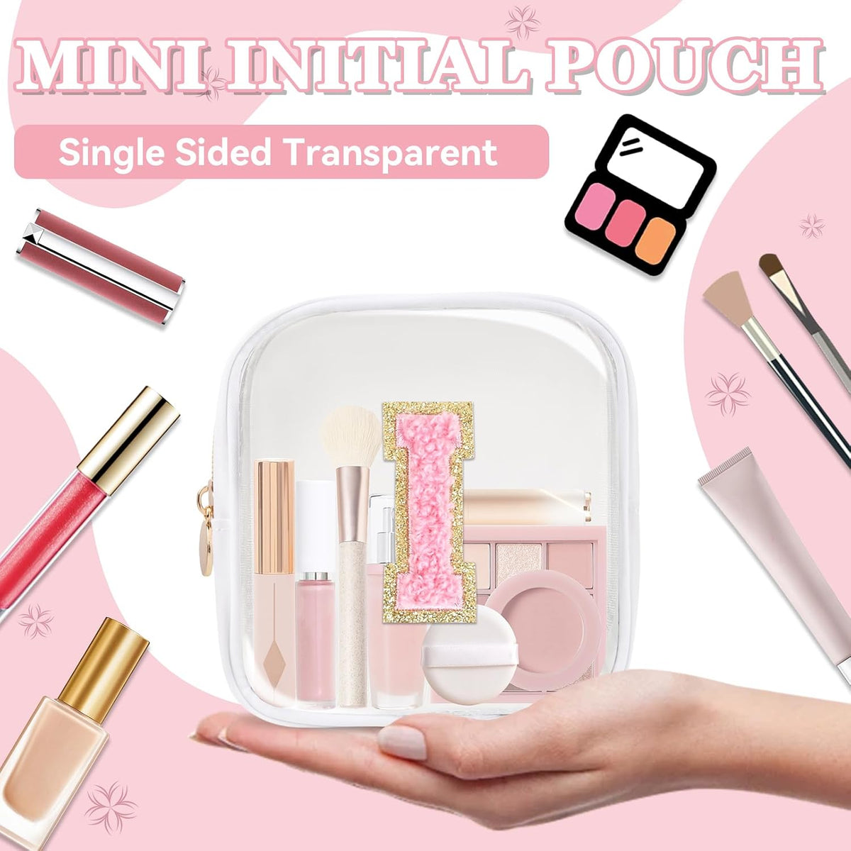 Small Clear Personalized Initial Makeup Bag,Preppy Nylon A-Z Chenille Letter Patch Makeup Organizer TSA Approved Travel Toiletry Bag,Waterproof Zip Beach Cosmetic Pouch Purse for Women(Purple-White V)