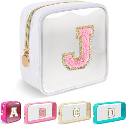 Small Clear Personalized Initial Makeup Bag,Preppy Nylon A-Z Chenille Letter Patch Makeup Organizer TSA Approved Travel Toiletry Bag,Waterproof Zip Beach Cosmetic Pouch Purse for Women(Purple-White V)