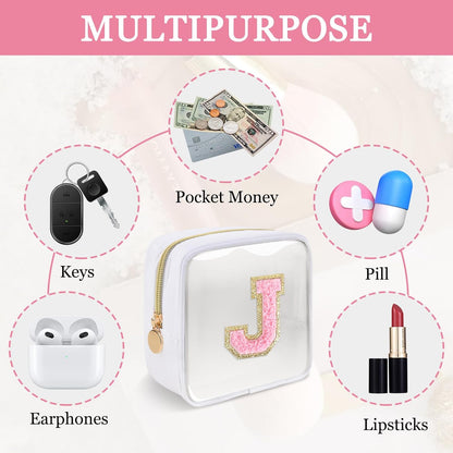 Small Clear Personalized Initial Makeup Bag,Preppy Nylon A-Z Chenille Letter Patch Makeup Organizer TSA Approved Travel Toiletry Bag,Waterproof Zip Beach Cosmetic Pouch Purse for Women(Purple-White V)