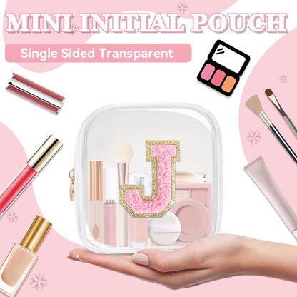 Small Clear Personalized Initial Makeup Bag,Preppy Nylon A-Z Chenille Letter Patch Makeup Organizer TSA Approved Travel Toiletry Bag,Waterproof Zip Beach Cosmetic Pouch Purse for Women(Purple-White V)