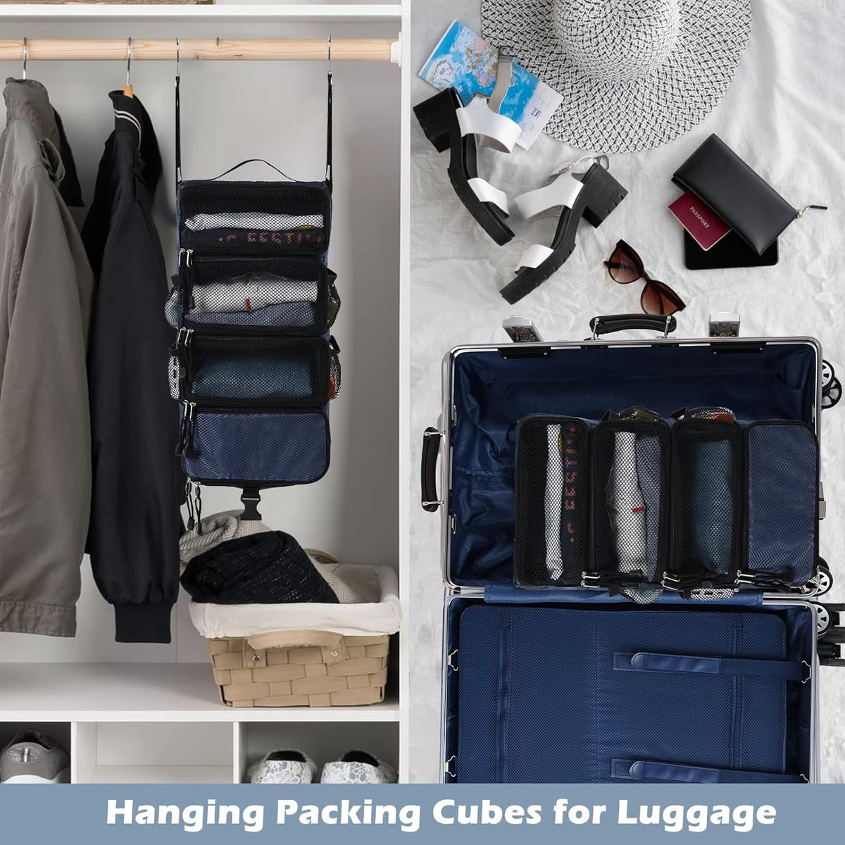 Hanging Travel Organizer Portable Hanging Luggage Organizer Multiple Compartments Collapsible Compression Closet Packing Cubes,Beige,M
