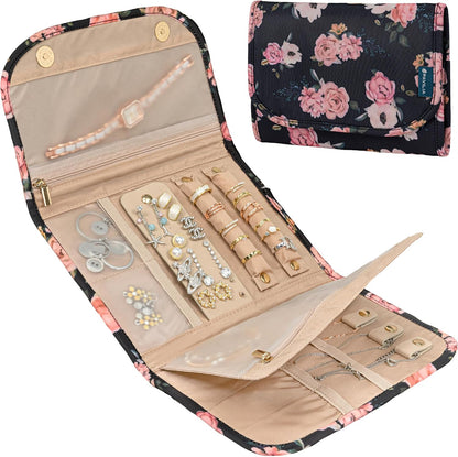 Travel Jewelry Case Organizer, Foldable Jewelry Roll Bag for Earrings, Rings, Necklaces, Bracelets, Accessories, Compact Travel Pouch Wallet for Women, Anti-Tangle (Quilt Black)