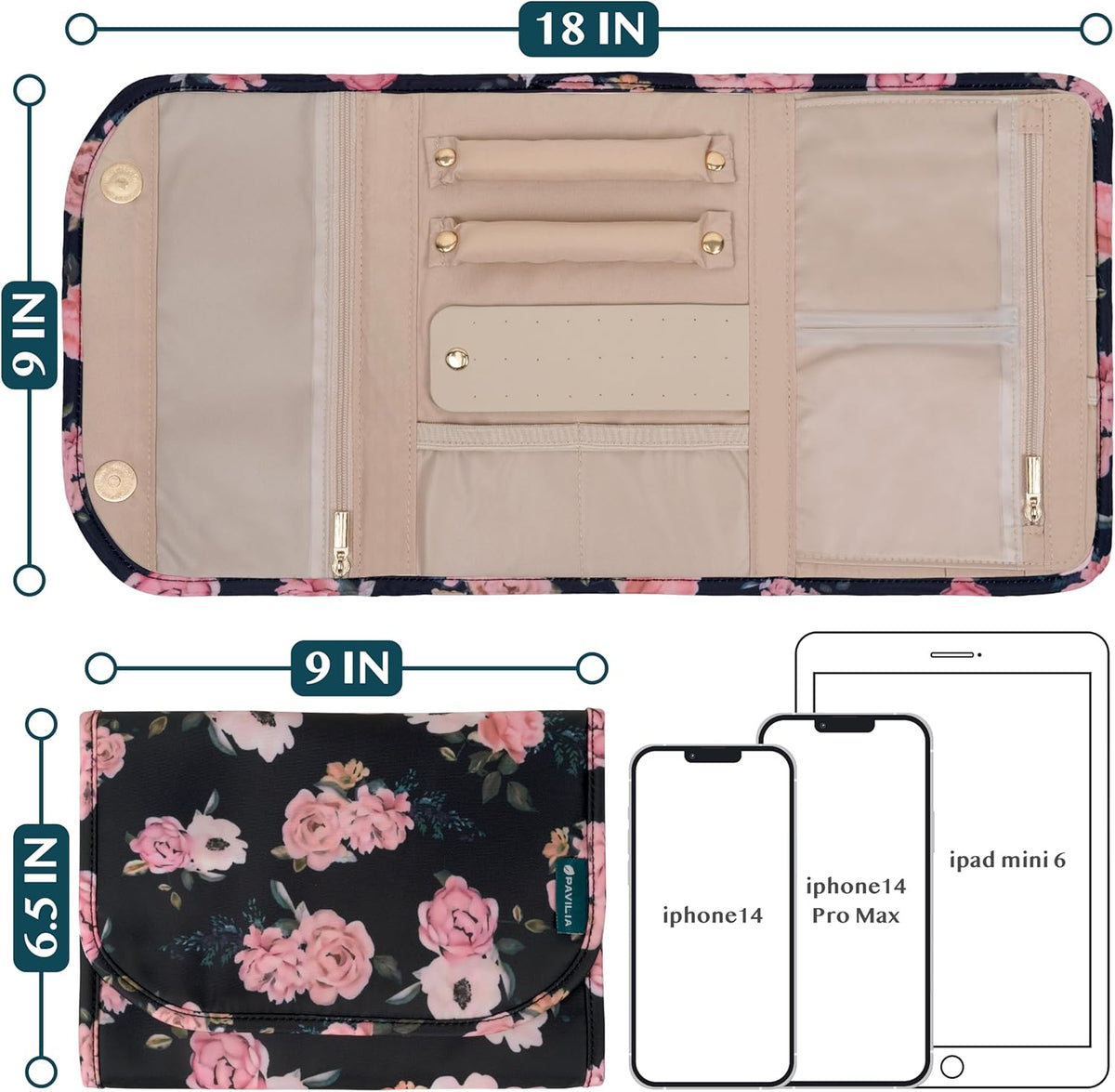 Travel Jewelry Case Organizer, Foldable Jewelry Roll Bag for Earrings, Rings, Necklaces, Bracelets, Accessories, Compact Travel Pouch Wallet for Women, Anti-Tangle (Quilt Black)